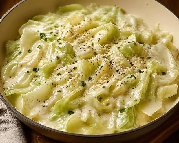 Delicious Cabbage Alfredo served in a bowl with parmesan cheese and herbs