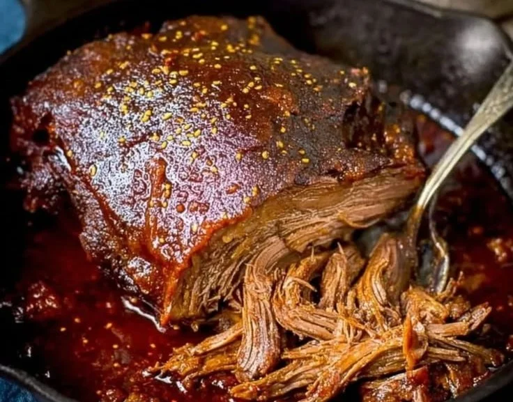 Delicious caramelized pulled beef brisket served with sides.
