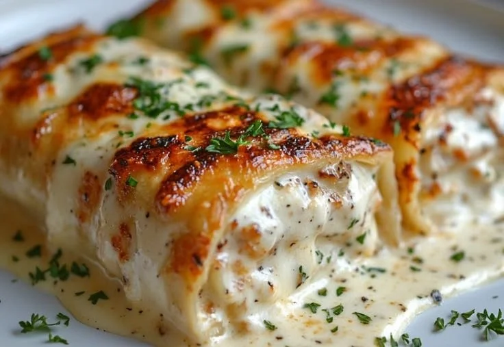 Cheesy Chicken Alfredo Lasagna Rolls topped with parsley and served on a plate.