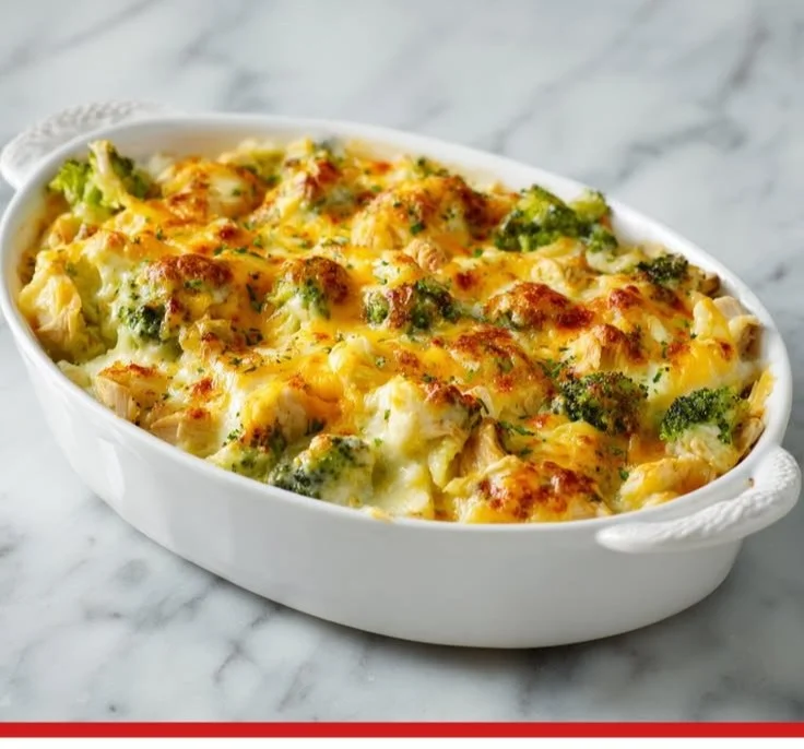 Cheesy Chicken and Broccoli Casserole in a baking dish, topped with golden cheese