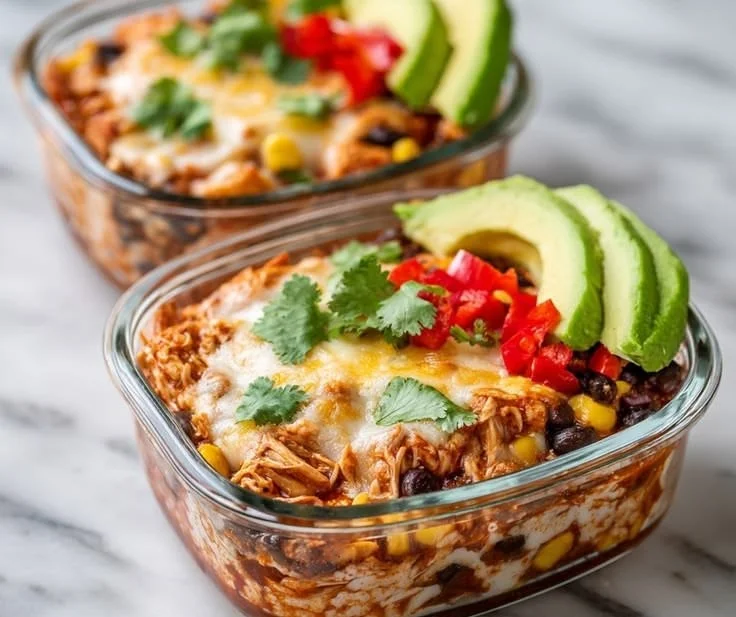 Delicious Chicken Enchilada Bowl topped with cheese and fresh ingredients
