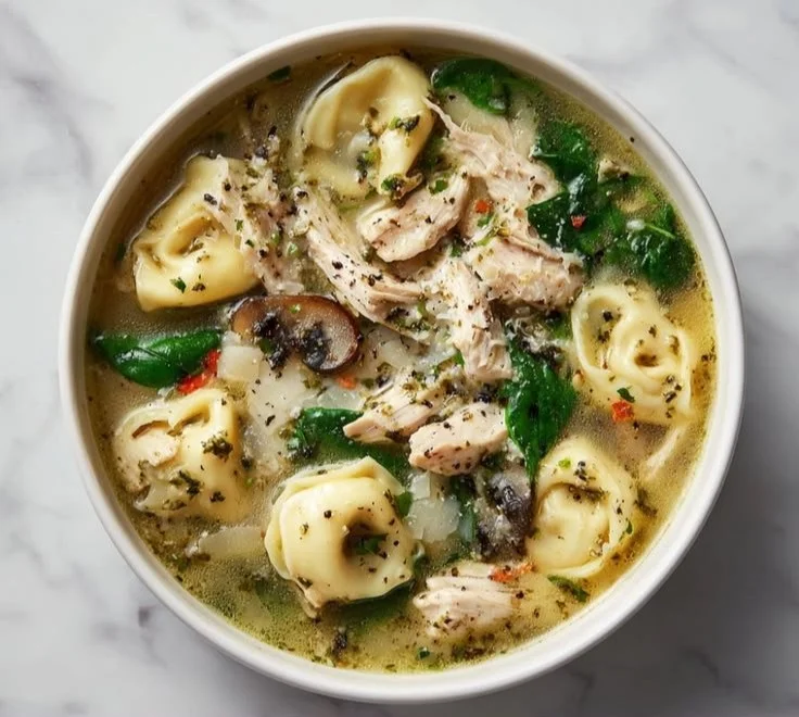 A bowl of creamy Chicken Pesto Tortellini Soup garnished with fresh basil.