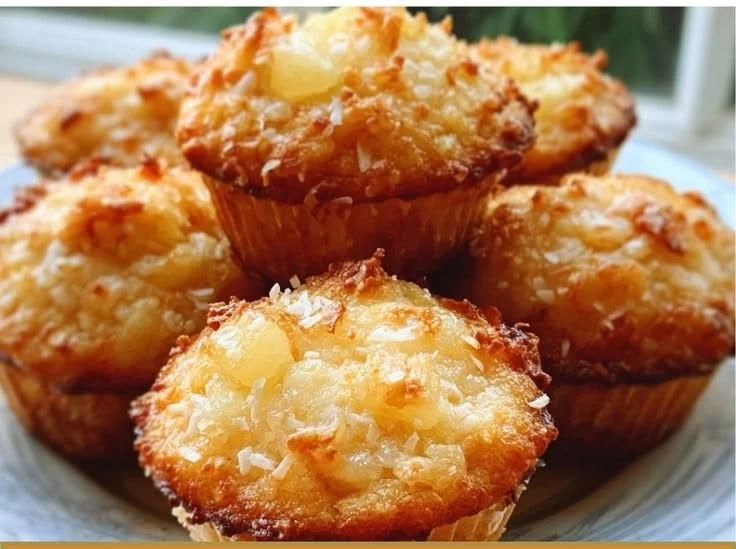 Coconut and pineapple cottage cheese muffins baked for a tropical snack