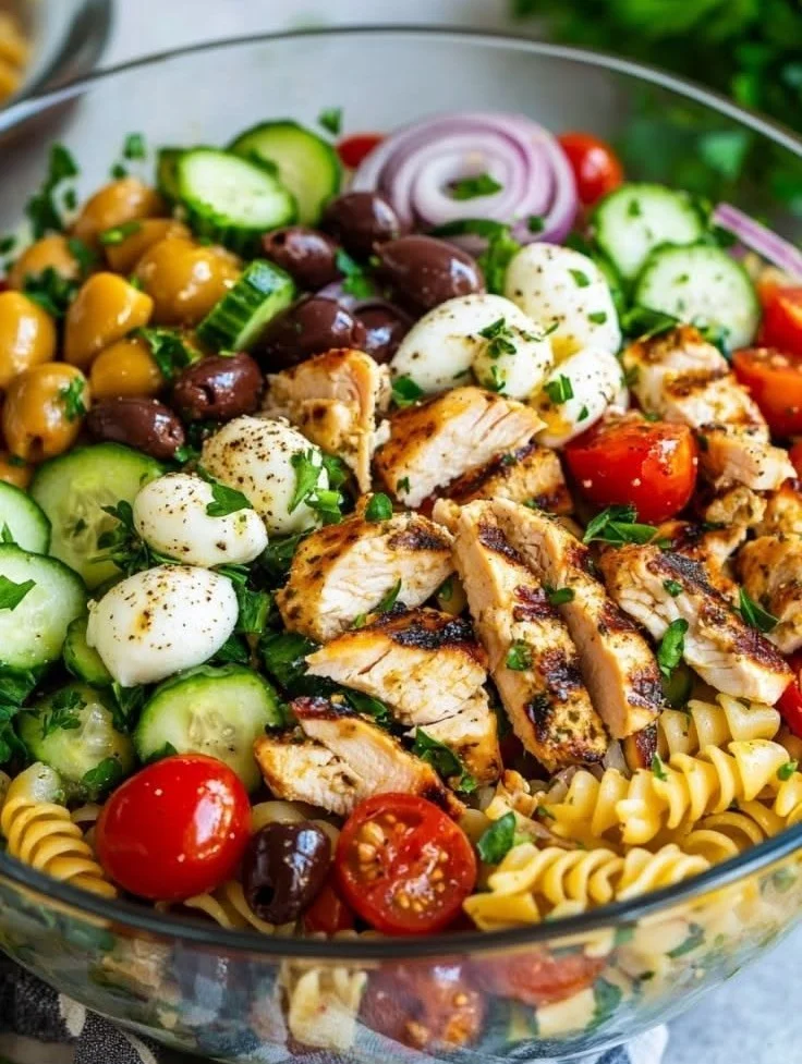 Colorful pasta salad with grilled chicken and fresh vegetables