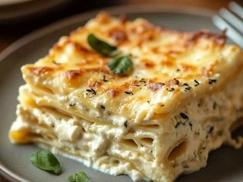 Delicious creamy white lasagna served on a plate with fresh herbs and cheese