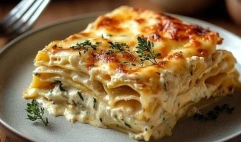 Delicious creamy white lasagna served with fresh herbs and cheese