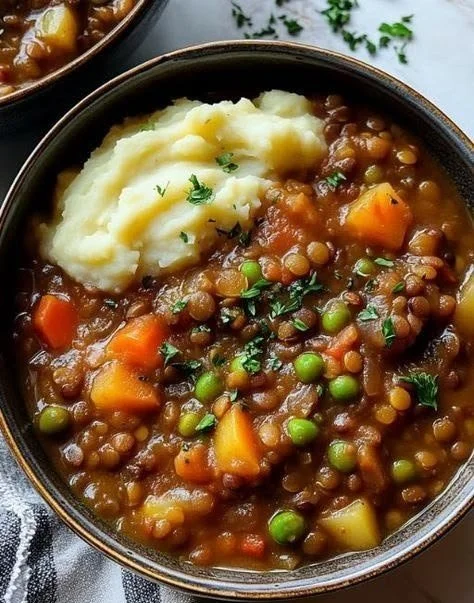 Bowl of comforting lentil stew with fresh herbs and vegetables