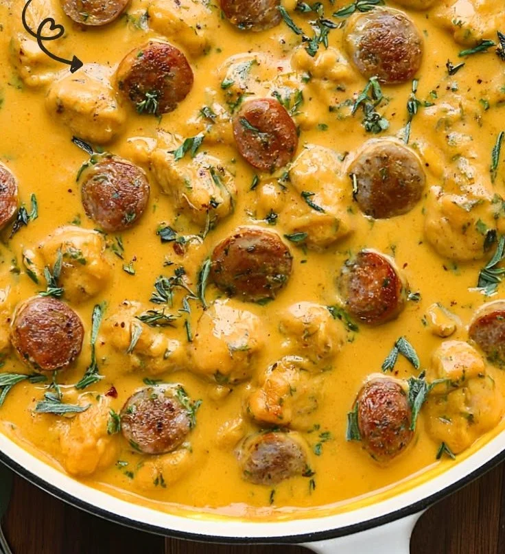 Creamy butternut squash gnocchi with sausage served in a bowl