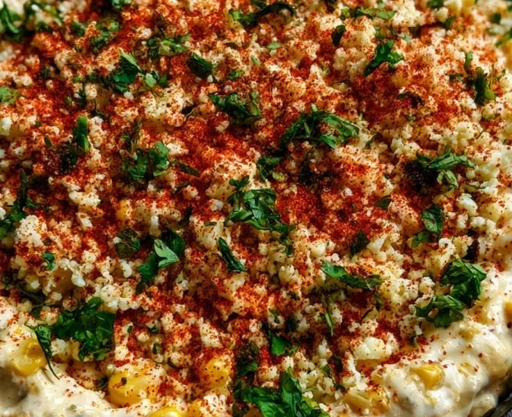 Creamy elote dip served in a bowl, topped with fresh herbs and cheese.