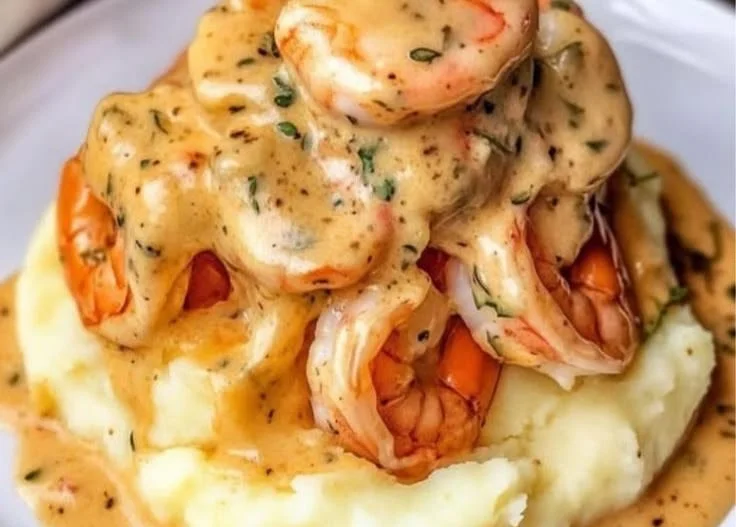 Creamy garlic shrimp dish served over fluffy mashed potatoes.