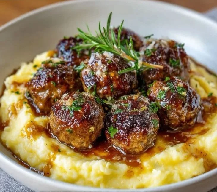 Creamy mushroom chicken meatballs served on a plate with herbs