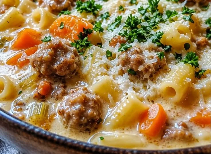 Creamy Parmesan Italian sausage ditalini soup served in a bowl.