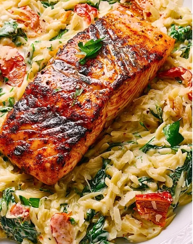 Delicious creamy salmon orzo with fresh ingredients on a plate