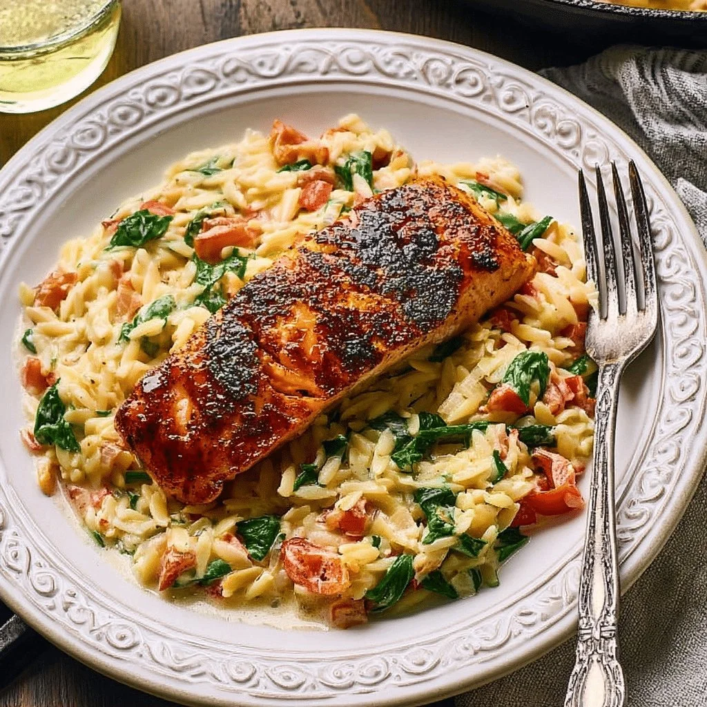 Creamy salmon orzo with spinach and bell pepper served in a white bowl
