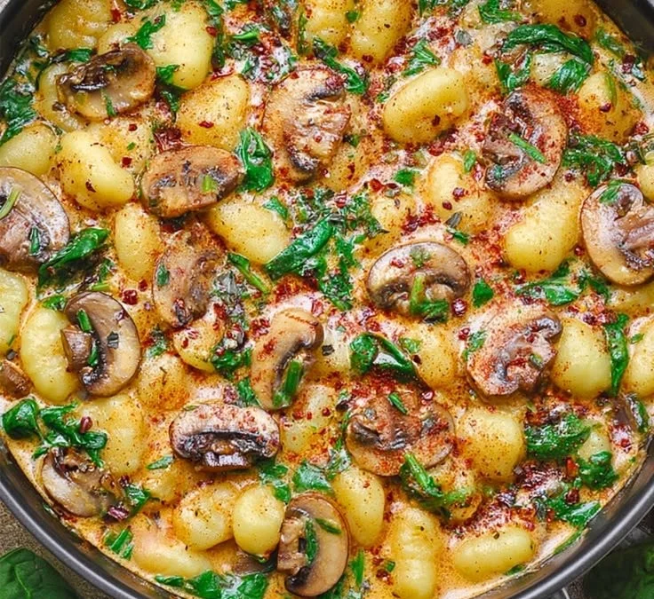 Creamy spinach and mushroom gnocchi served in a bowl with herbs