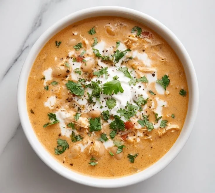 Creamy white bean enchilada soup in a bowl with toppings