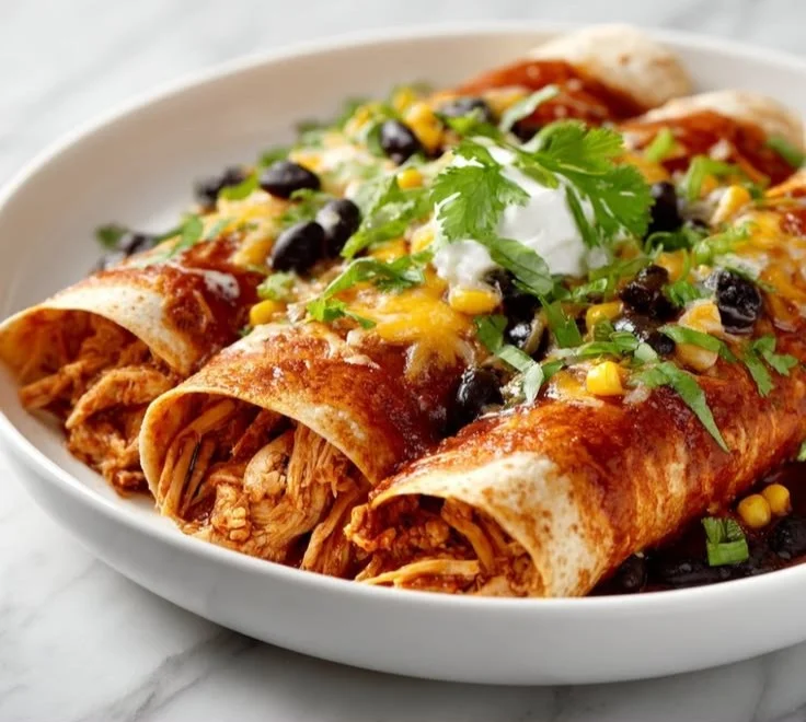 Crockpot Chicken Enchiladas served on a plate with toppings