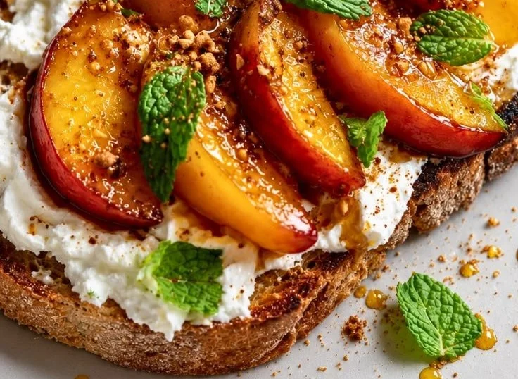 Delicious easy air fryer peach toast topped with fresh peaches and cream