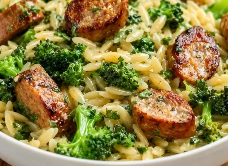 Delicious Easy Chicken Sausage Broccoli Orzo dish served in a bowl