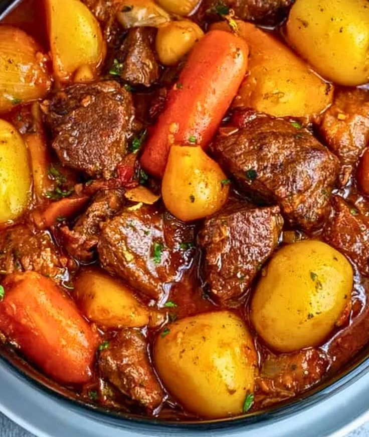 Homemade beef stew in a bowl with vegetables and herbs