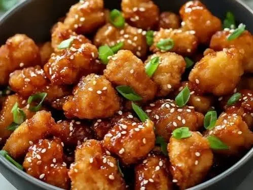 Crispy honey chicken bites served with a dipping sauce on a white plate