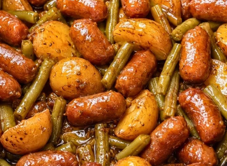 Easy Crockpot Lil Smokies served with potatoes and green beans in a slow cooker.