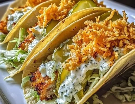 Easy dill pickle ranch smash chicken tacos on a plate