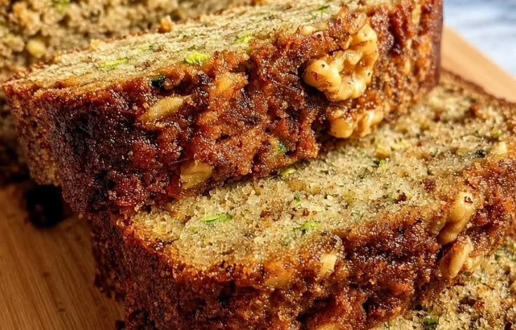 Loaf of easy moist zucchini walnut bread on a wooden table.
