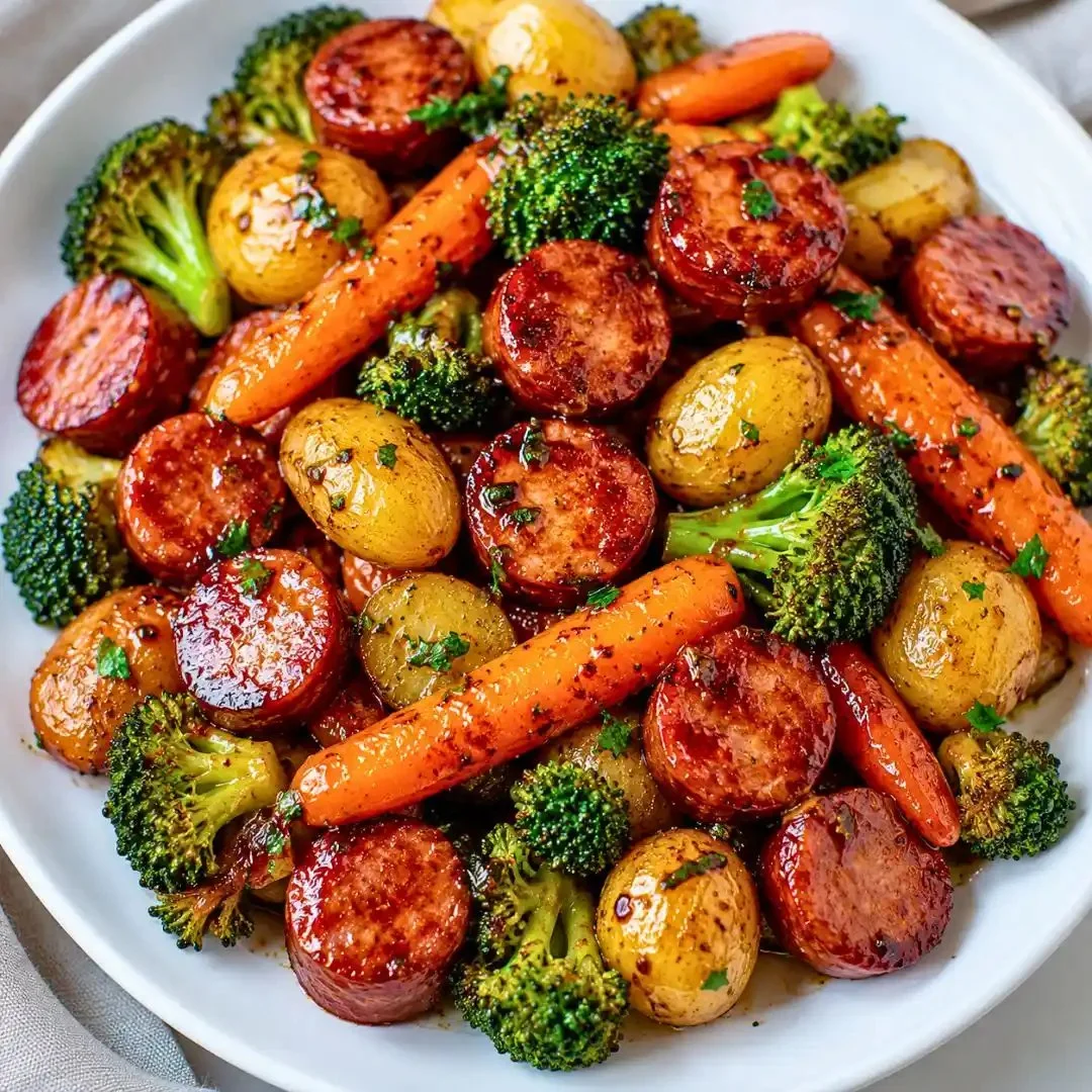 One-pan honey garlic beef kielbasa with colorful vegetables