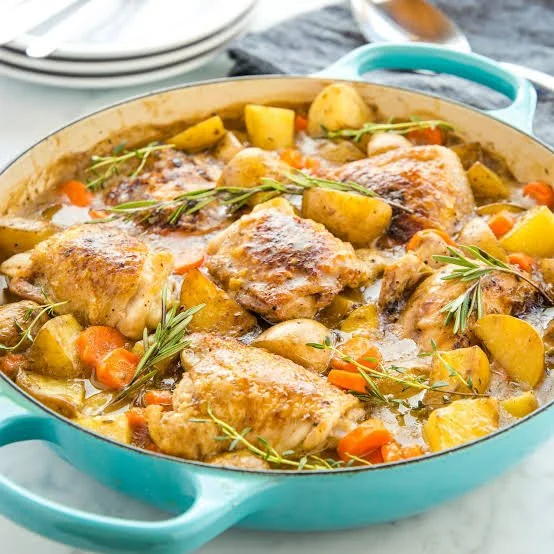 One-pot chicken dinner prepared with vegetables in a versatile skillet.