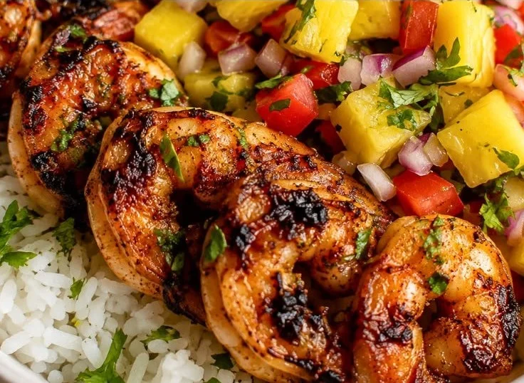 Easy shrimp rice bowl with pineapple salsa on a plate