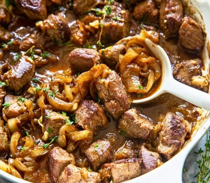 Easy steak bites served with caramelized onions