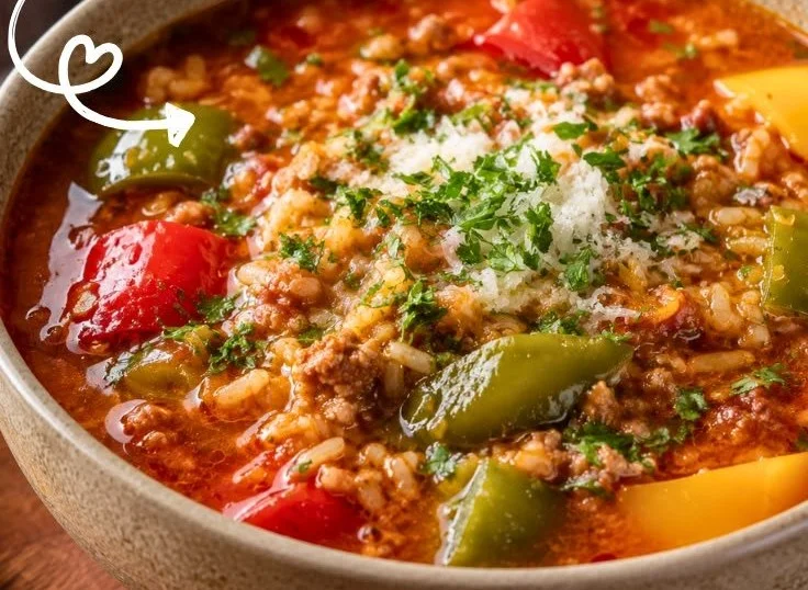 Bowl of easy stuffed bell pepper soup with ground turkey garnished with fresh herbs.