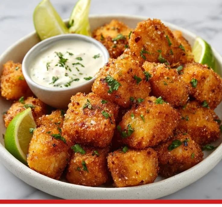 Flavorful fish bites served with dipping sauce on a plate.