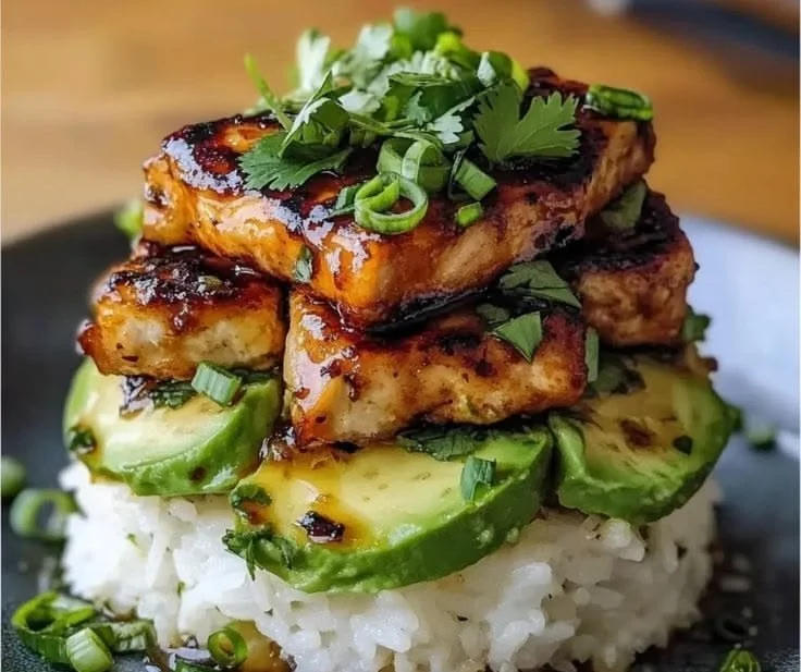 Delicious Fresh Honey Lime Chicken Stack garnished with lime and fresh herbs