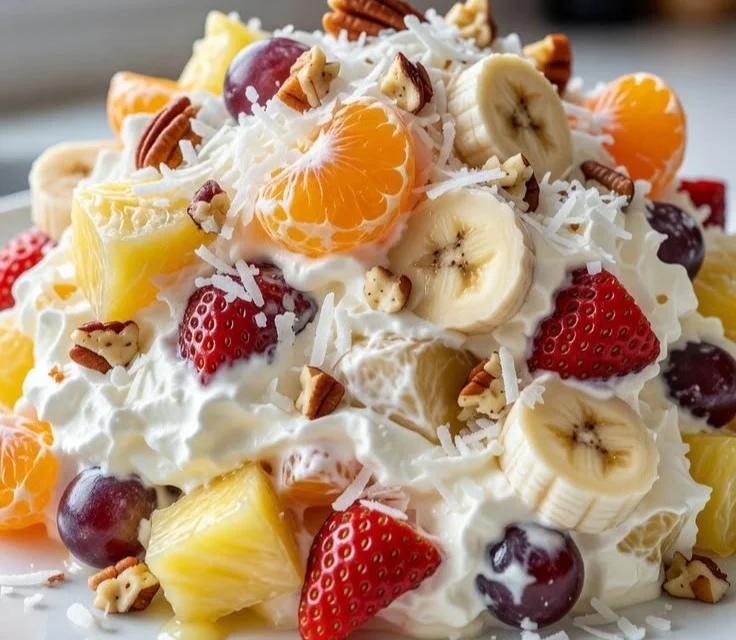 Bowl of vibrant fruit salad with assorted fresh fruits.