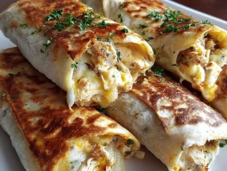 Garlic butter chicken wraps served on a plate with fresh herbs and vegetables.