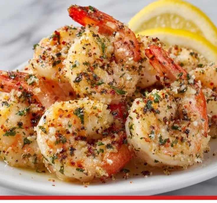Delicious Garlic Butter Colossal Shrimp served with herbs and lemon