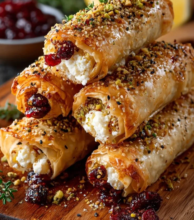 Golden Baked Feta Rolls served on a plate with herbs