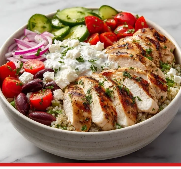 Delicious Greek Chicken Bowl with fresh vegetables and Mediterranean spices.