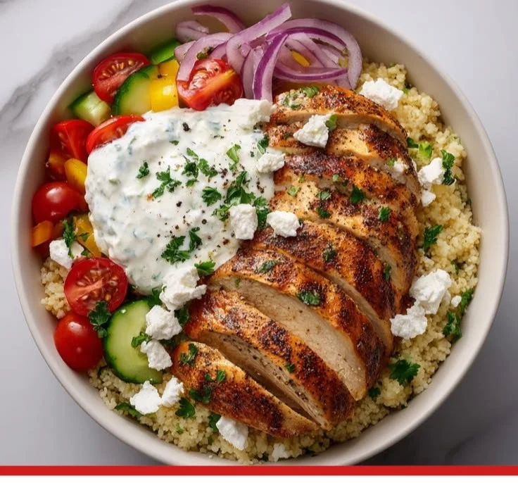 Delicious Greek Chicken Bowl with fresh vegetables and herbs