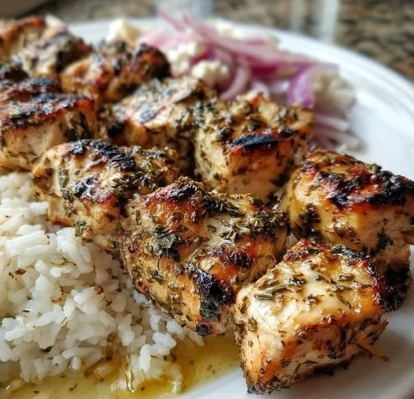 Delicious Greek chicken souvlaki skewers marinated and ready for grilling
