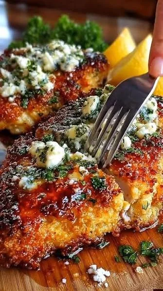 Delicious Greek Chicken with lemon and feta garnished with herbs