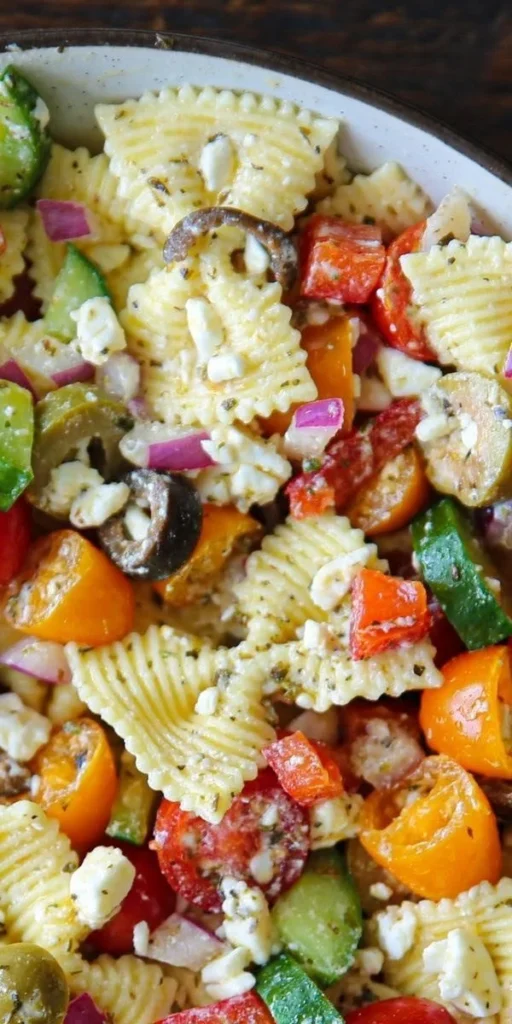 Delicious Greek Pasta Salad with olives, feta, and vegetables in a bowl.