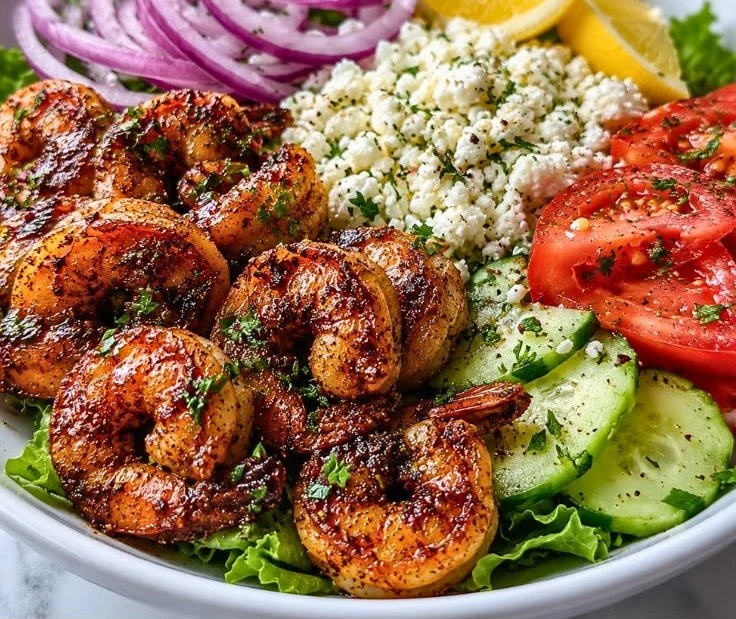 Greek shrimp Mediterranean bowl with fresh vegetables and herbs.