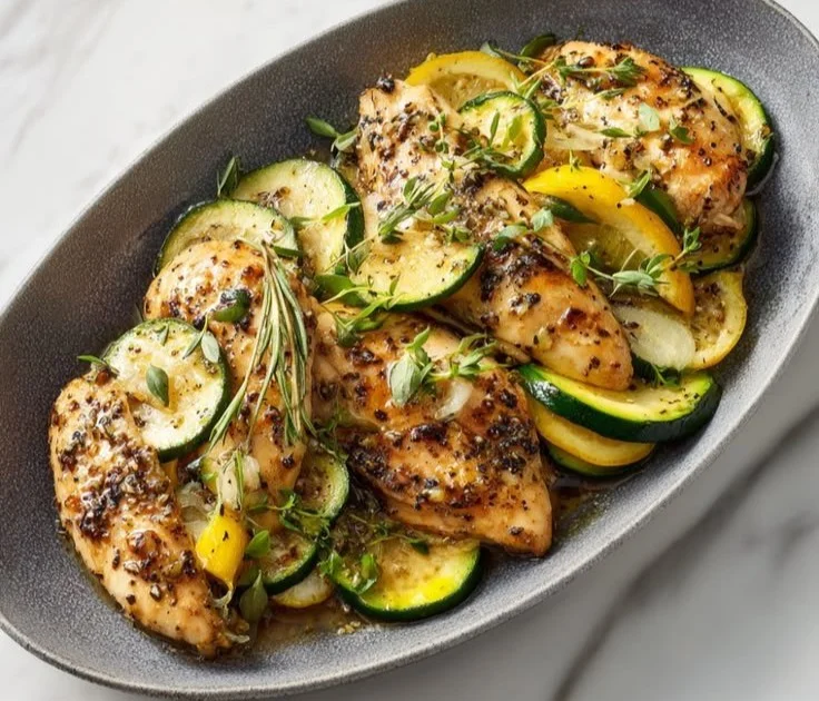 Grilled Chicken served with lemon zucchini on a plate