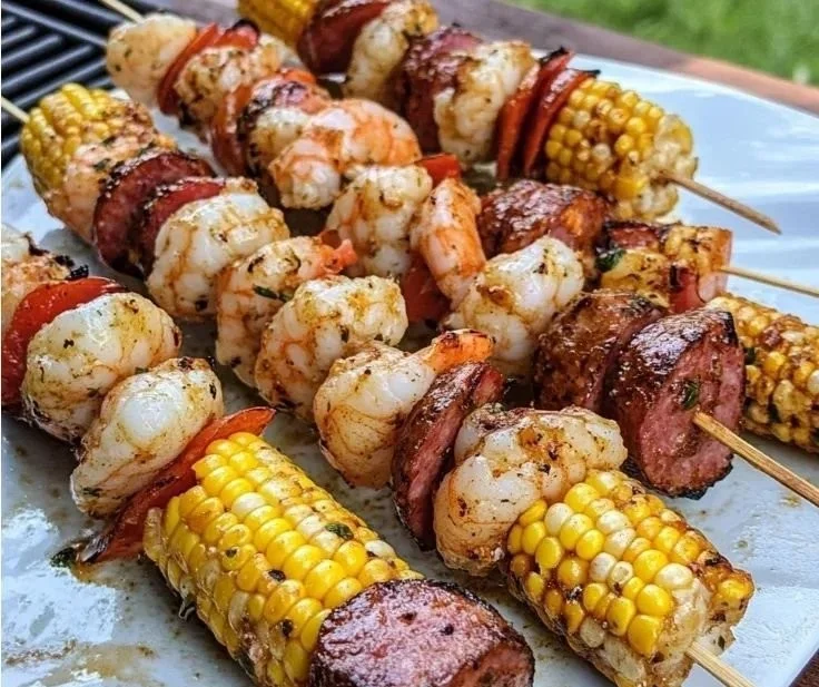 Delicious grilled seafood skewers with shrimp, fish, and vegetables on a plate