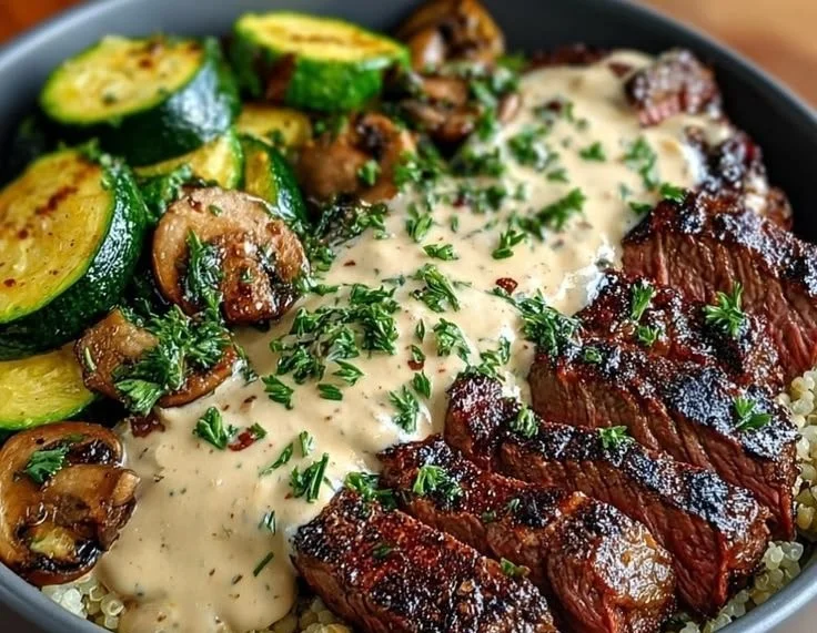 Delicious grilled steak bowl with seasoned vegetables and herbs.