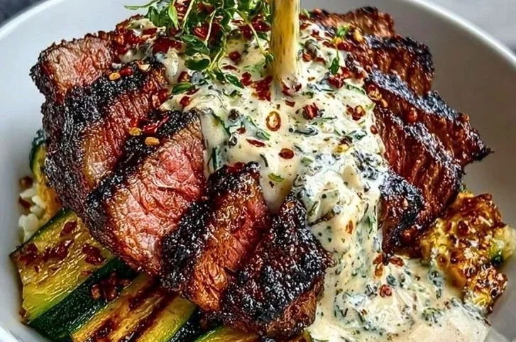 Grilled steak bowl topped with sauce and grilled zucchini served in a bowl