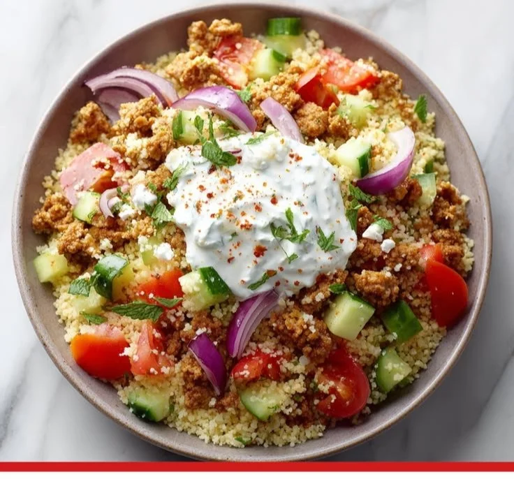 Ground Turkey and Couscous Bowl topped with Tzatziki sauce, a healthy meal option